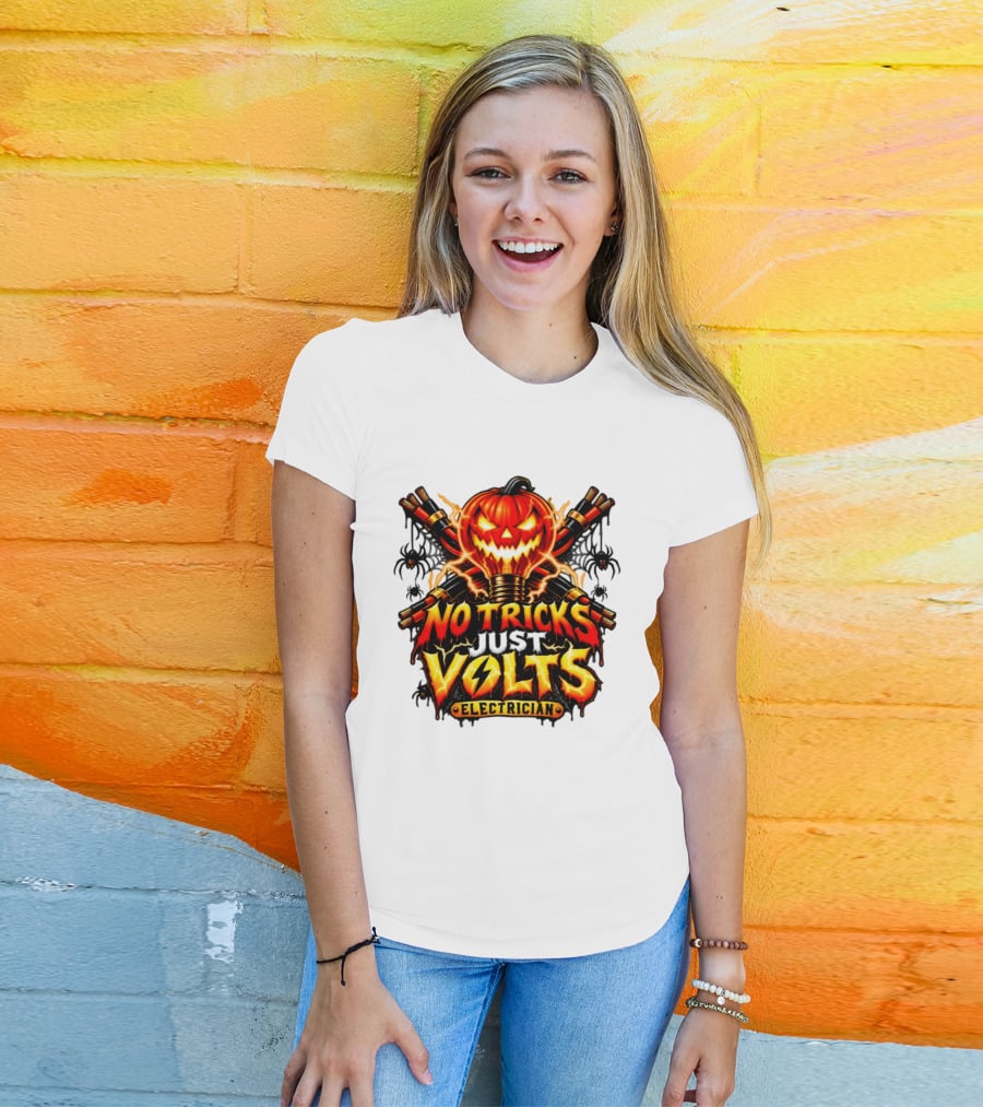No Tricks Just Volts Electrician Pumpkin Halloween T-Shirt