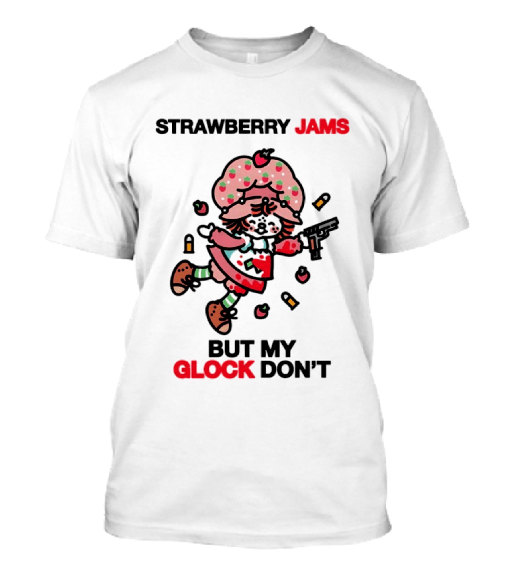 Strawberry Jams But My Glock Don't Cartoon Character With Pink Frosted Hat And Pistol T-Shirt
