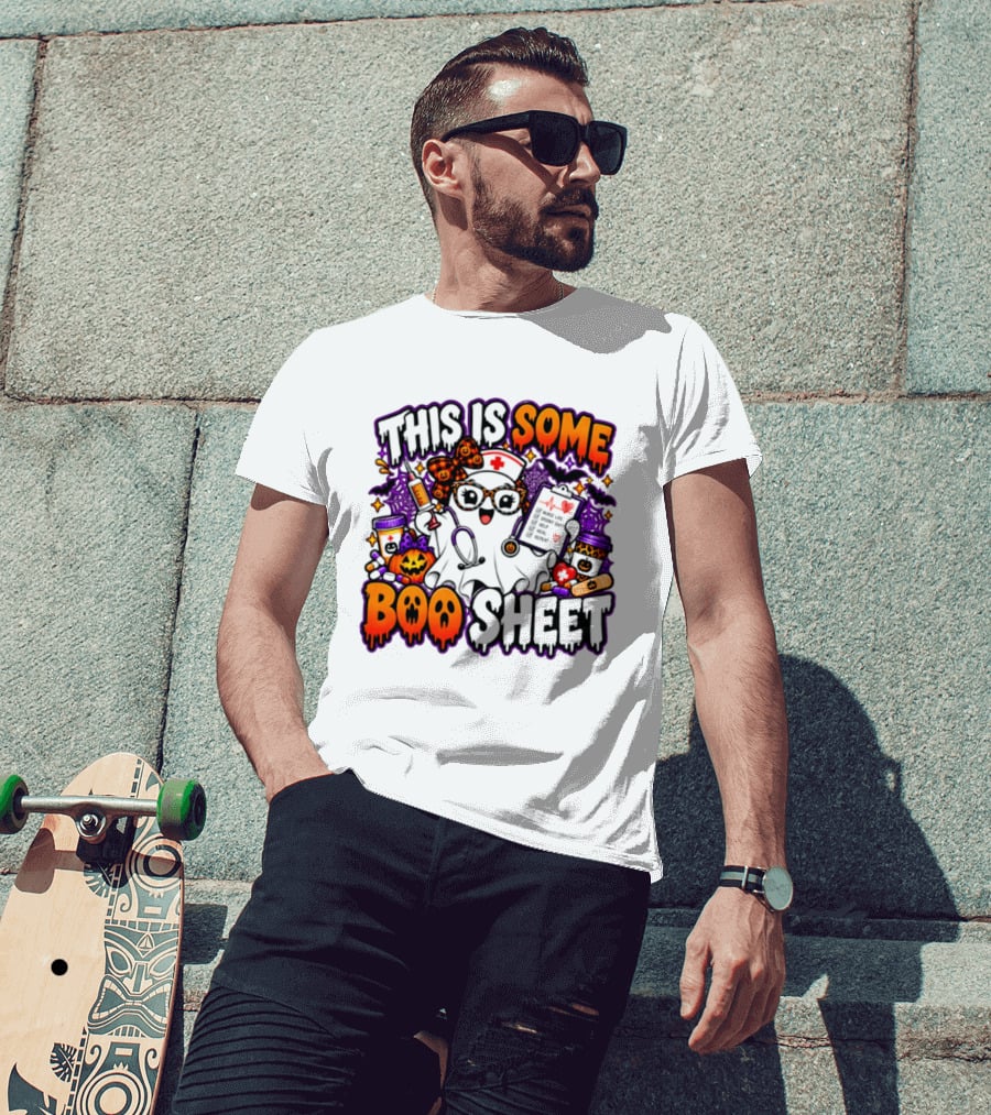 This Is Some Boo Sheet Nurse Life Spooky Shift Halloween 2026 Pumpkin Ghost Nurse Hat Glasses Bats T-Shirt