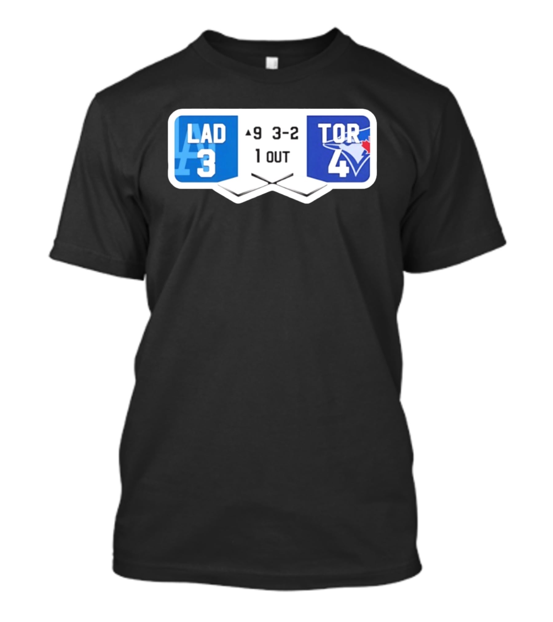 Los Angeles Dodgers 3 Toronto Blue Jays 4 Baseball Game Scoreboard Ninth Inning Three Two One Out T-Shirt