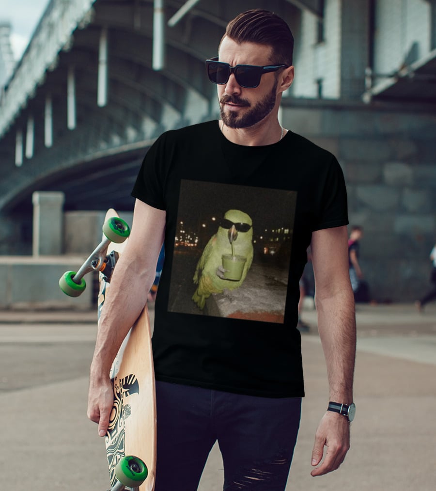 Parrot Wearing Sunglasses Enjoying Green Smoothie At Night T-Shirt