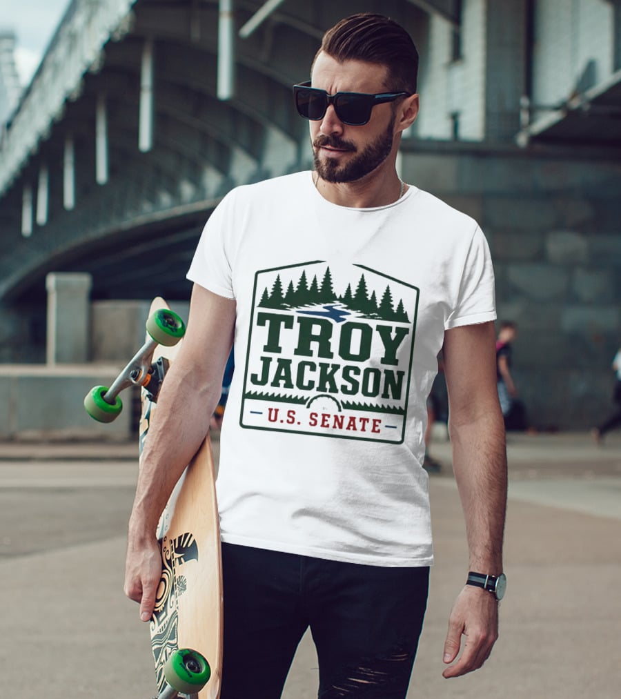 Troy Jackson U.S. Senate 2026 Campaign Support With Pine Trees And River T-Shirt