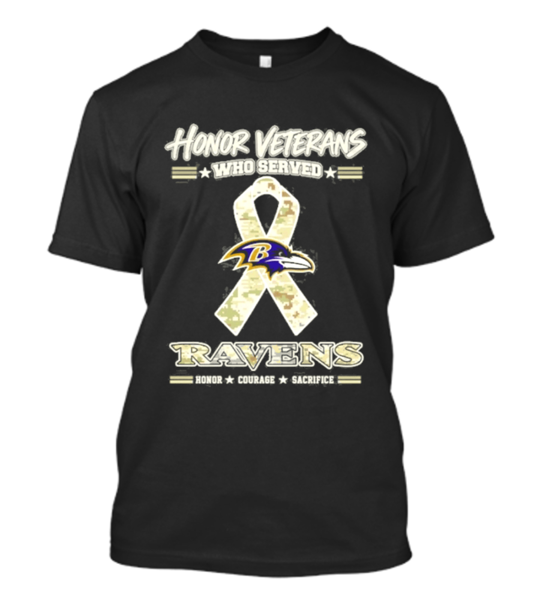 Baltimore Ravens Honor Veterans Who Served Military Camo Ribbon Salute Courage Commitment T-Shirt