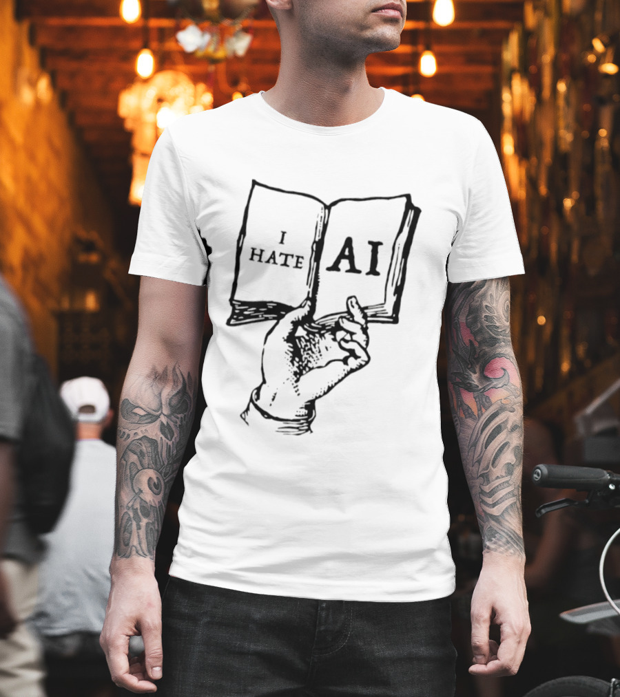 I Hate AI Artificial Intelligence Technology Text On Open Book T-Shirt