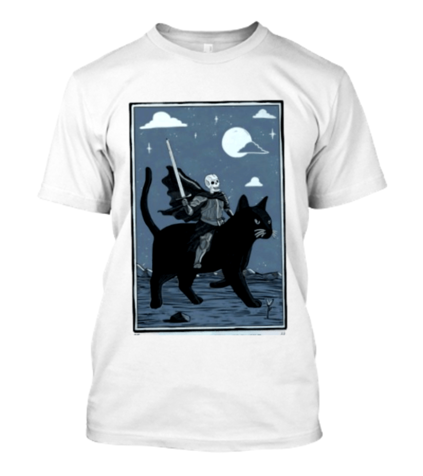 Skeleton Knight On Black Cat Under Moon And Stars Idle Hands Invite Mischief T-Shirt