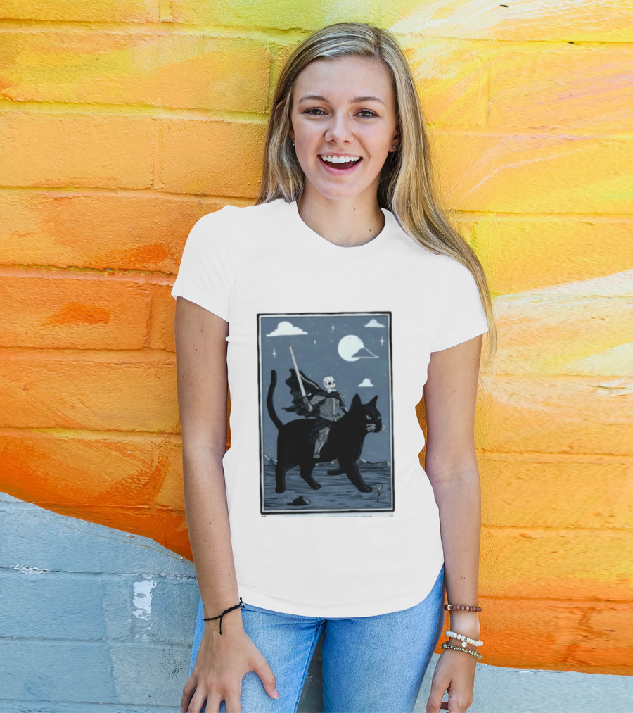 Skeleton Knight On Black Cat Under Moon And Stars Idle Hands Invite Mischief T-Shirt