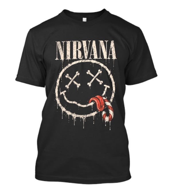 Nirvana Skeleton Smiley Candy Cane Christmas For Grunge Rock Lovers T-Shirt