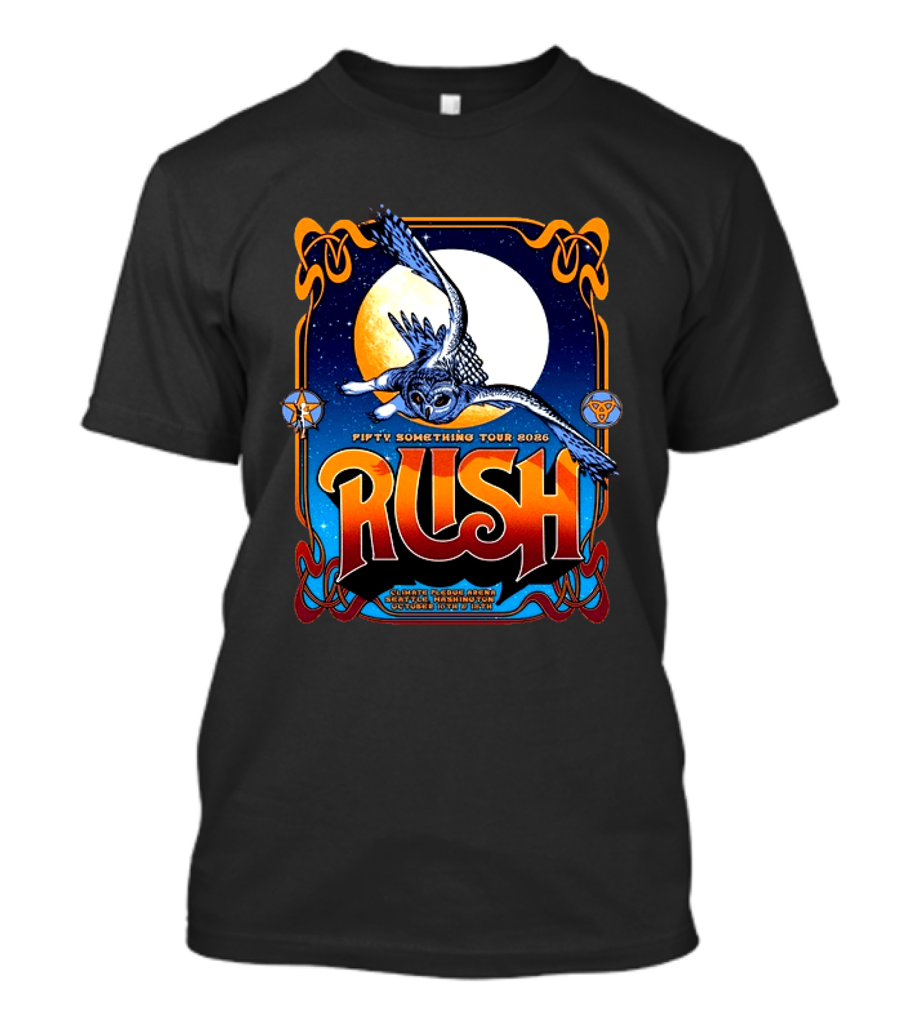 Rush Fifty Something Tour 2026 Seattle WA Climate Pledge Arena October 10th 12th Owl Lithograph T-Shirt