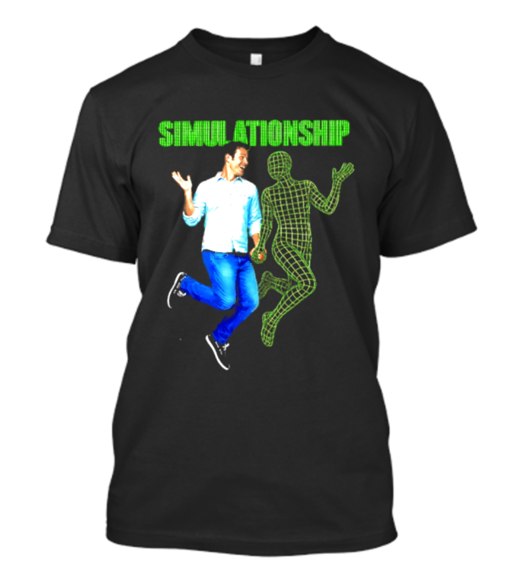 Simulationship Simulation Glitch Digital Jumping Man And Wireframe Figure T-Shirt