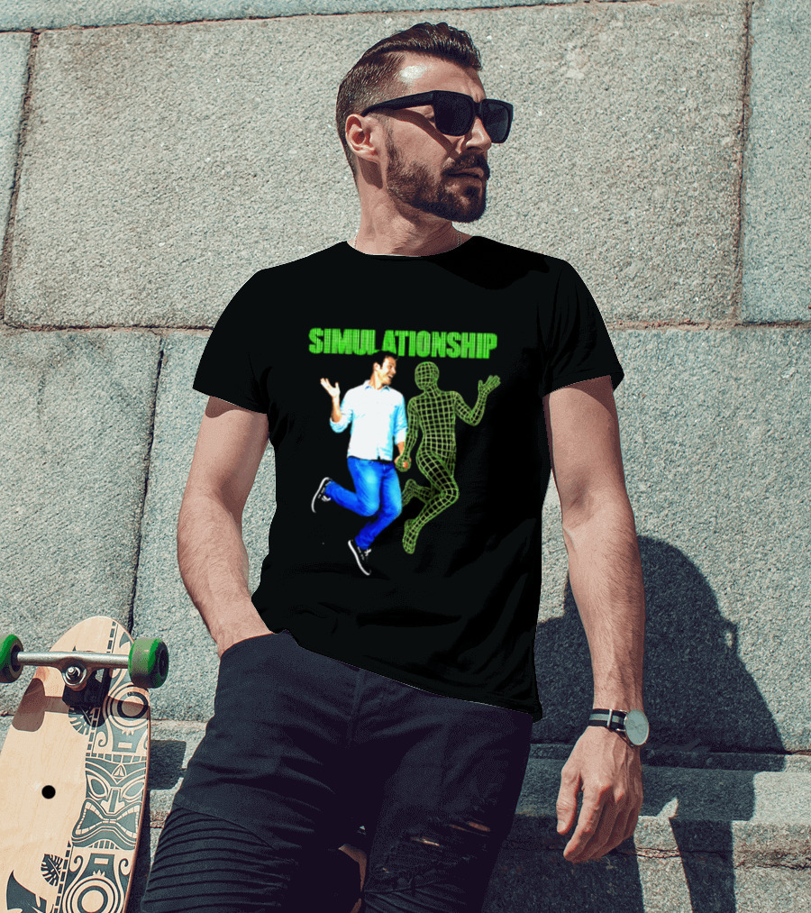Simulationship Simulation Glitch Digital Jumping Man And Wireframe Figure T-Shirt