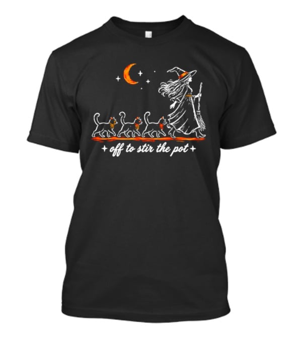 Off To Stir The Pot Witch Black Cats Halloween Moon Magic T-Shirt