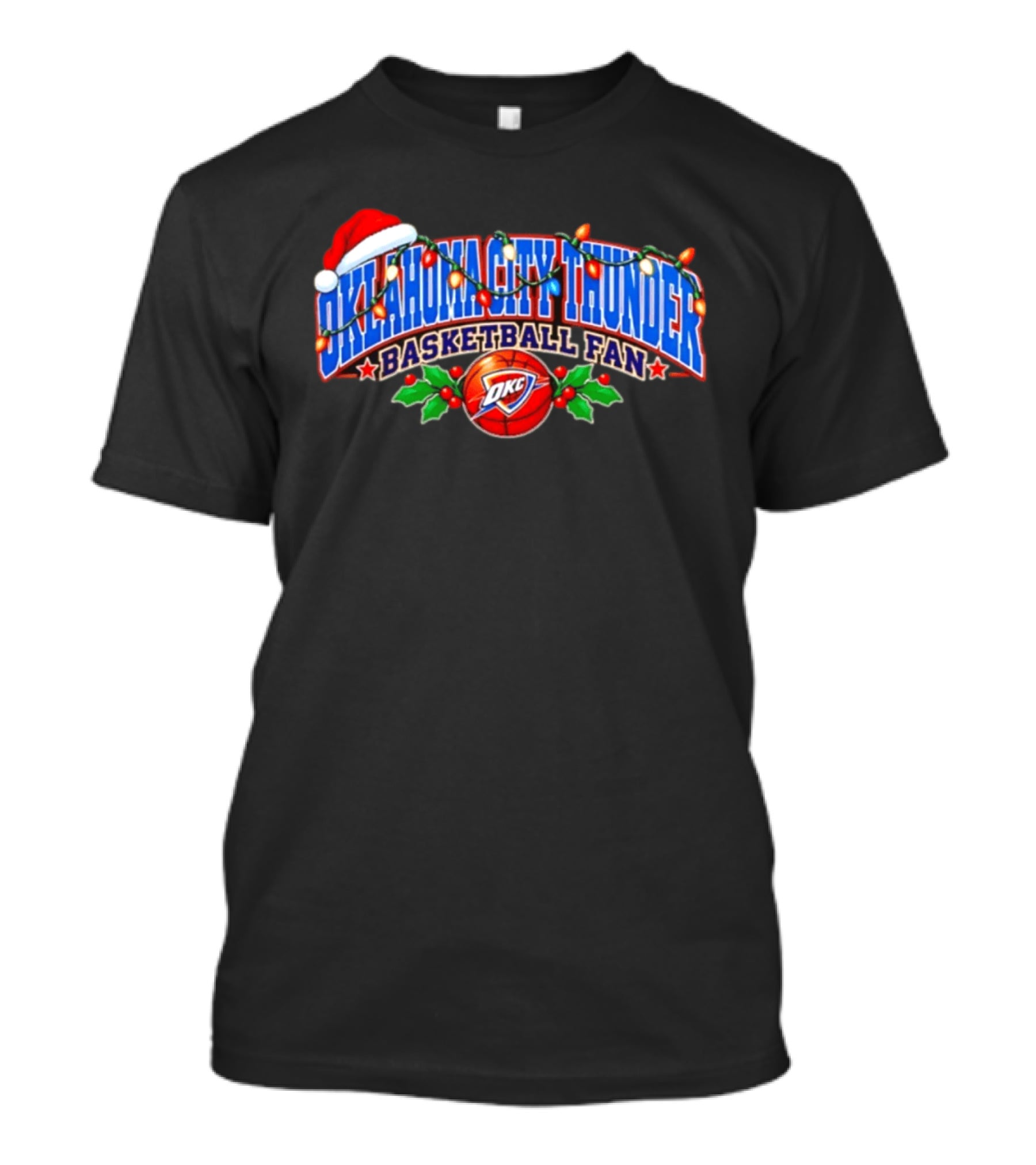 Oklahoma City Thunder Basketball Fan Santa Hat Christmas Lights T-Shirt