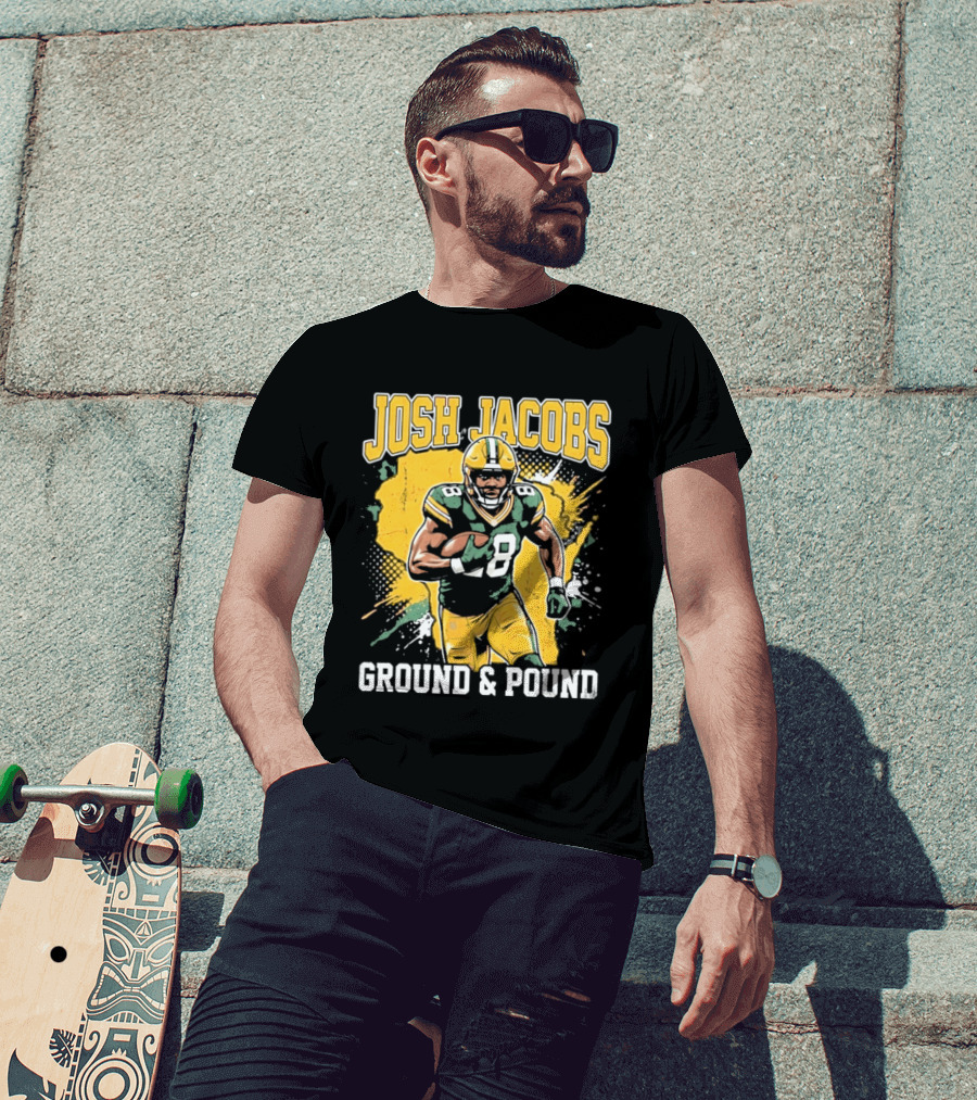 Josh Jacobs Ground & Pound Running Back Art Green And Gold Player T-Shirt