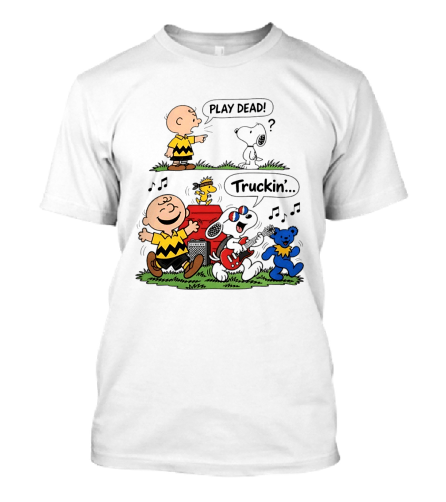 Peanuts Characters Play Dead And Truckin' With Grateful Dead Dancing Bear T-Shirt