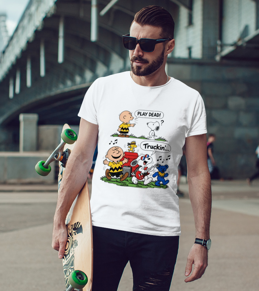 Peanuts Characters Play Dead And Truckin' With Grateful Dead Dancing Bear T-Shirt