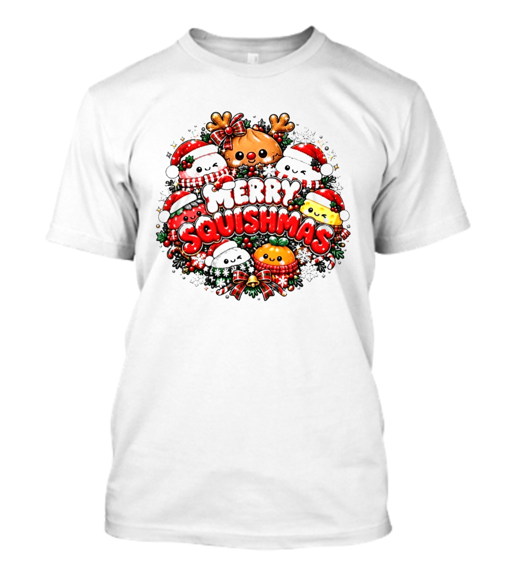 Merry Squishmas Cute Festive Characters Santa Hats Holiday Cheer Reindeer Red Green Berries T-Shirt