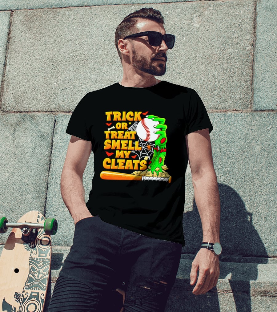 Trick Or Treat Smell My Cleats Zombie Hand Baseball Bat Halloween T-Shirt