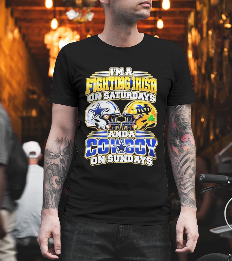I'm A Fighting Irish On Saturdays And A Cowboy On Sundays Football Helmet Star Clover T-Shirt