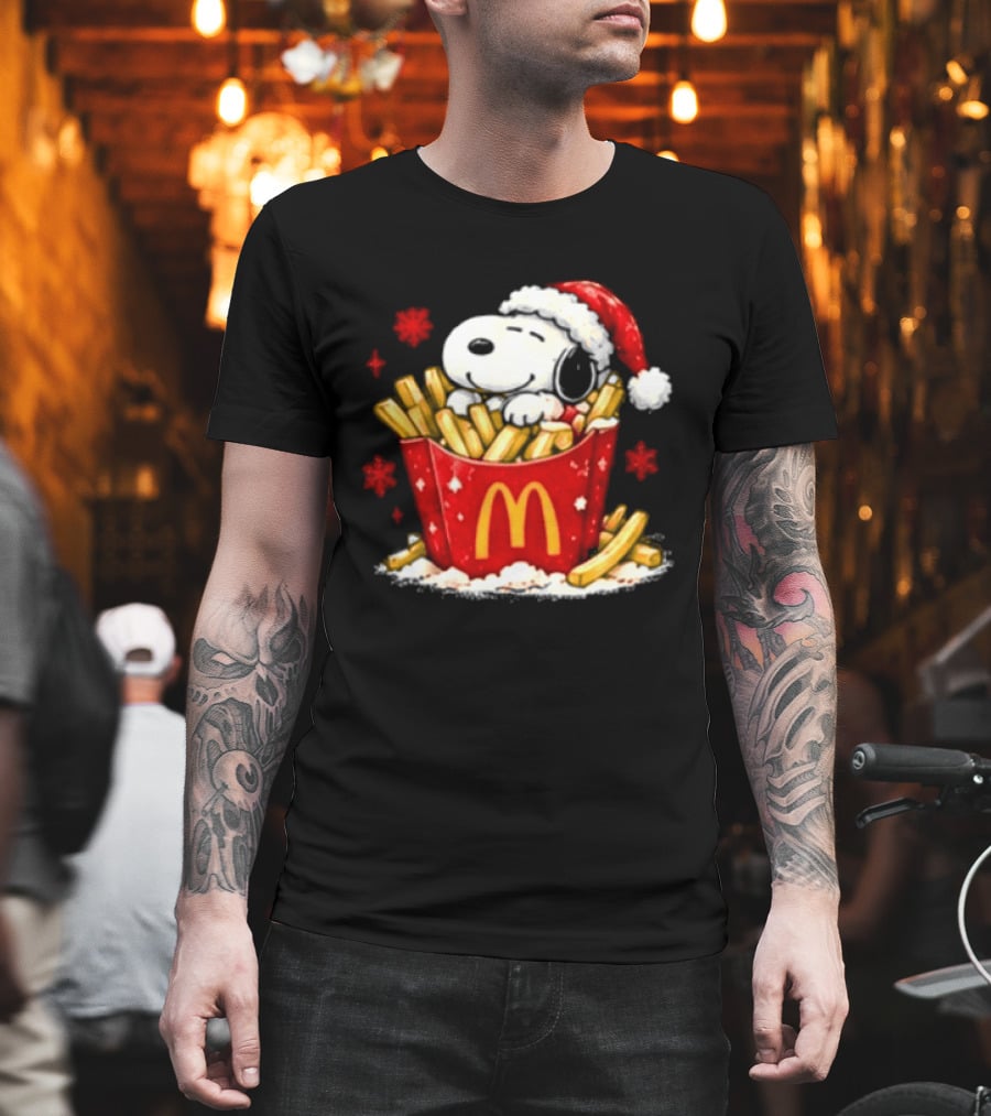 McDonalds Holiday Snoopy Christmas Fries Santa Hat Festive Fast Food Wishes T-Shirt