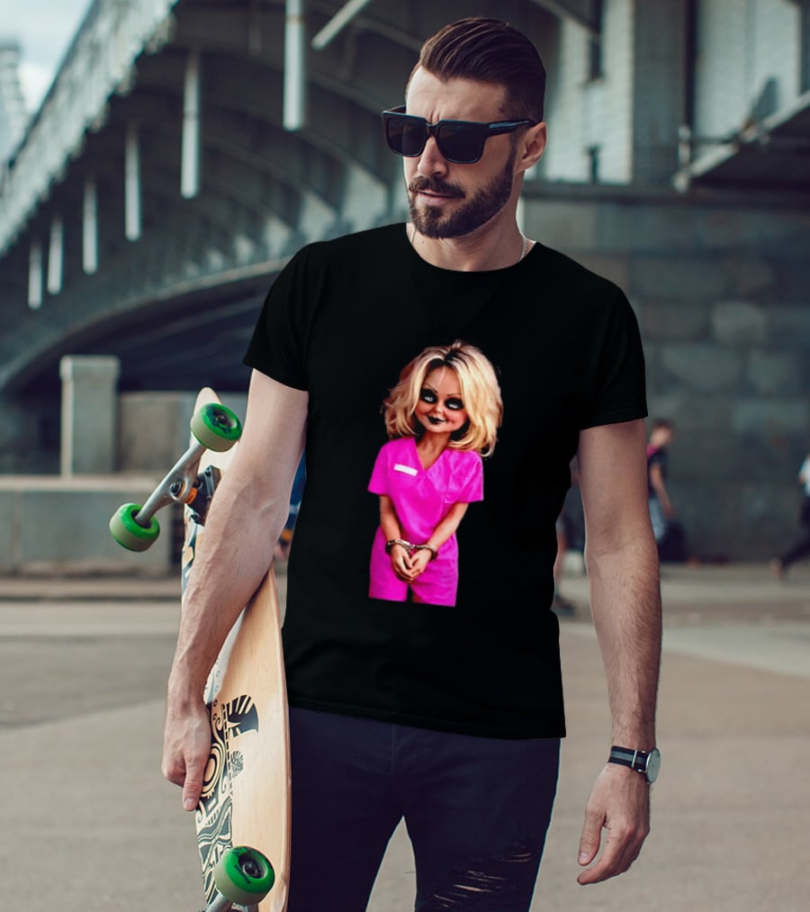 Tiffany Valentine Chucky Doll Pink Prison Uniform Halloween Costume T-Shirt