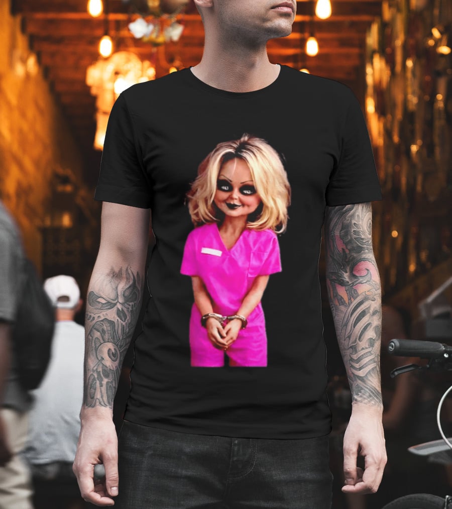 Tiffany Valentine Chucky Doll Pink Prison Uniform Halloween Costume T-Shirt