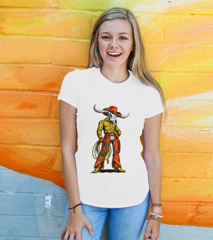 Cowboy Bull Skull With Roping Lasso Western Rodeo Skeleton T-Shirt