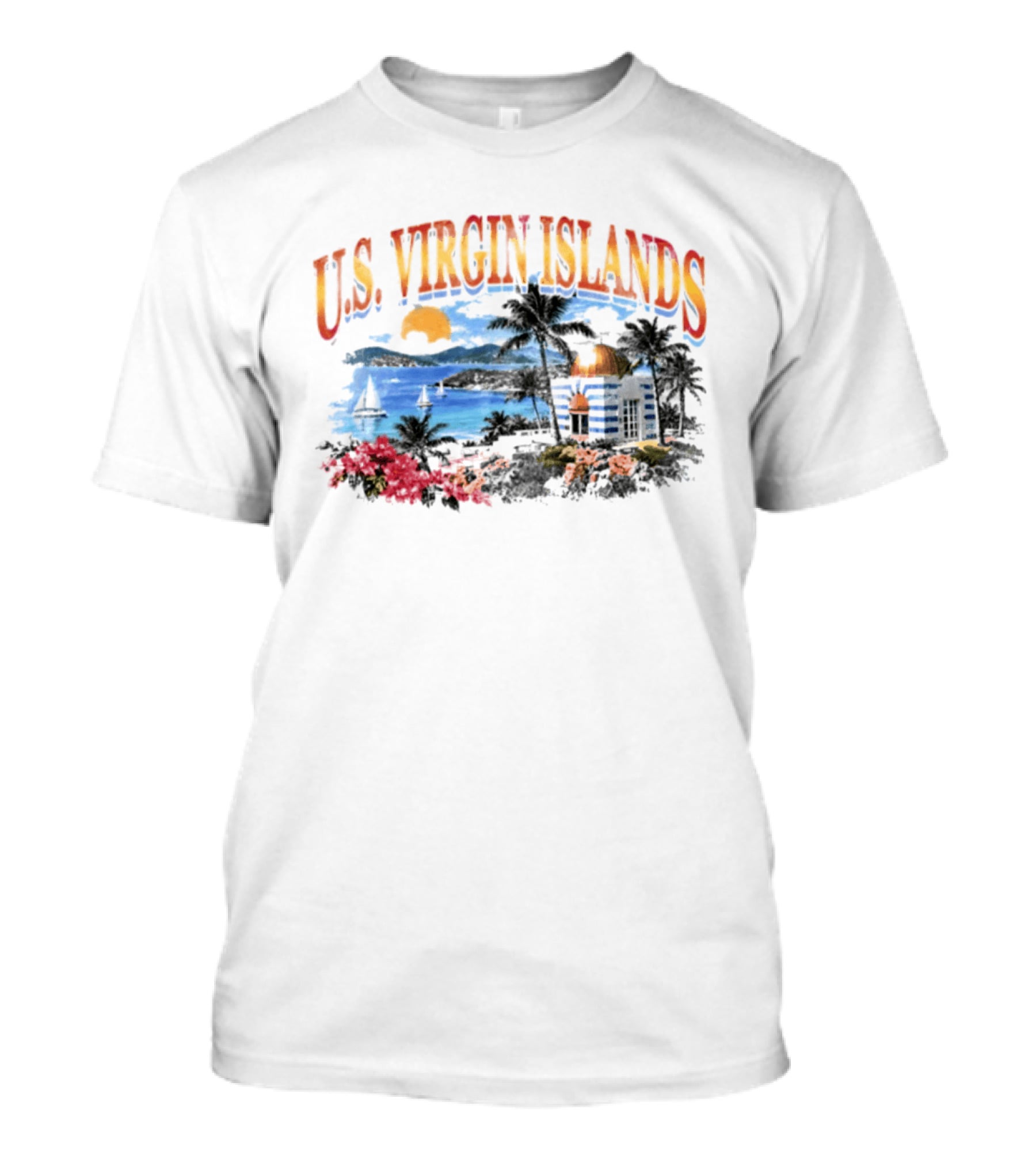 U.S. Virgin Islands Sunset Beach Scene With Palm Trees And Lighthouse T-Shirt