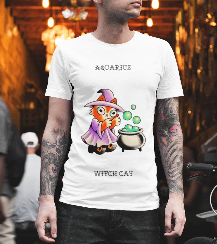 Aquarius Witch Cat Zodiac Astrology Magic Cauldron T-Shirt