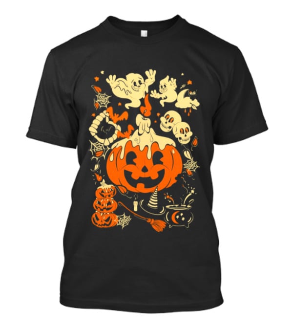 Halloween Pumpkin Ghost Skull Witch Hat Cauldron Spooky Bat T-Shirt