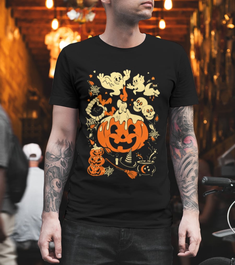 Halloween Pumpkin Ghost Skull Witch Hat Cauldron Spooky Bat T-Shirt