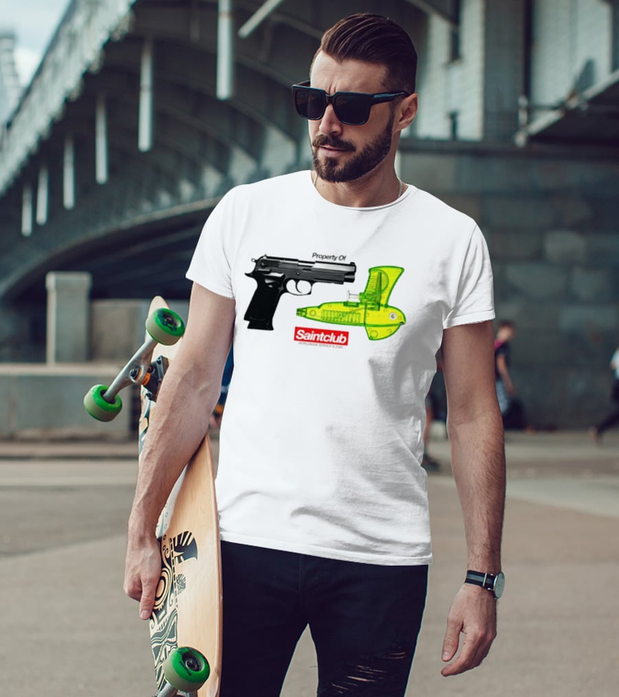 Pistol Property Saintclub Worldwide Service 2026 Black And Green Water Guns T-Shirt