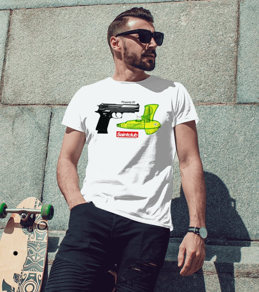 Pistol Property Saintclub Worldwide Service 2026 Black And Green Water Guns T-Shirt