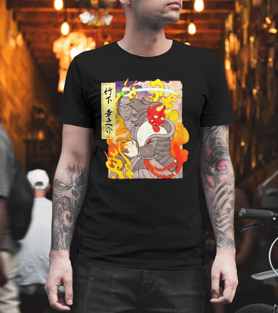 Konosuke Takeshita Demon Samurai AEW Collaboration With Japanese Inspired Flames And Sword T-Shirt