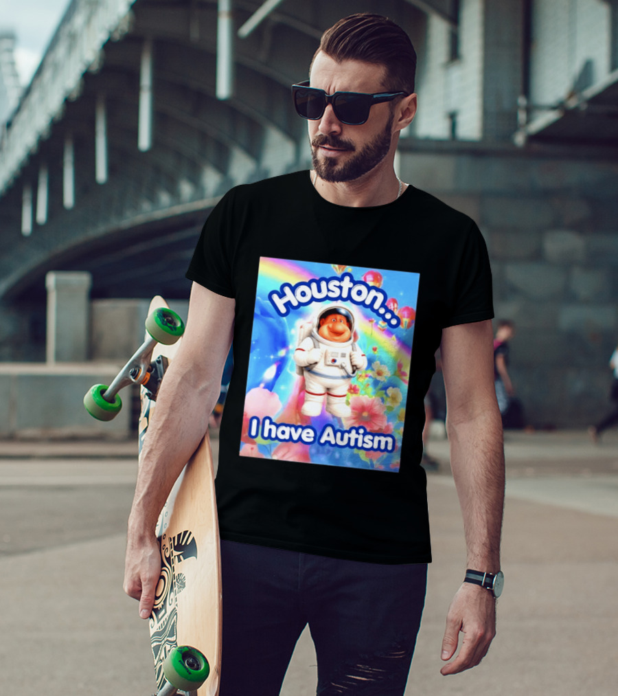 Houston I Have Autism Rainbow Astronaut Balloons And Flowers T-Shirt
