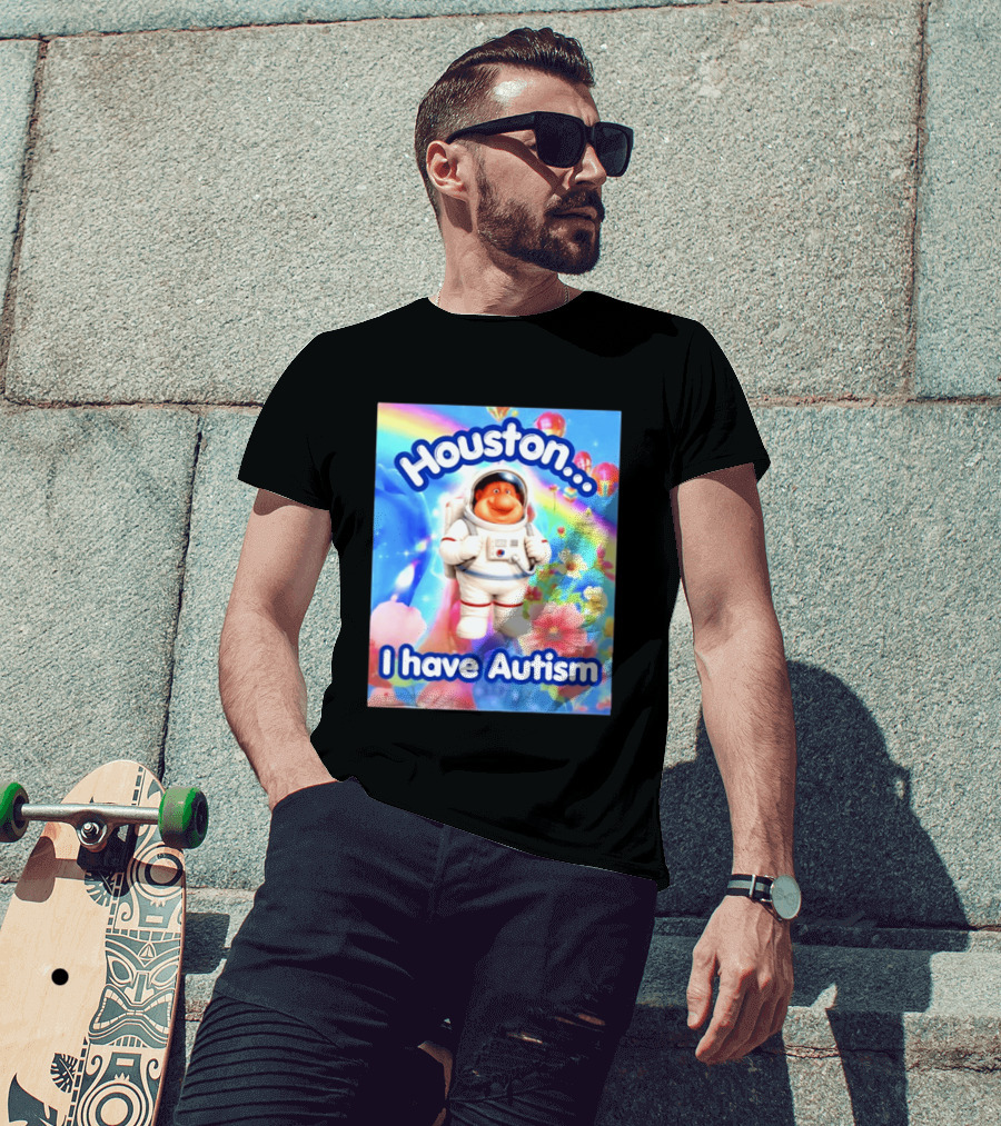 Houston I Have Autism Rainbow Astronaut Balloons And Flowers T-Shirt