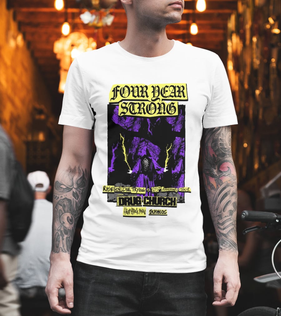 Four Year Strong Rise Or Die Trying 25th Anniversary Tour Drug Church Heart Attack Man Save Face Purple Cloaked Figure T-Shirt