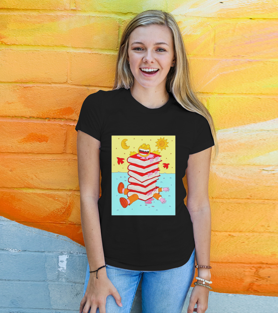 Smiling Face Moon Sun Birds Stack Of Books Reading T-Shirt