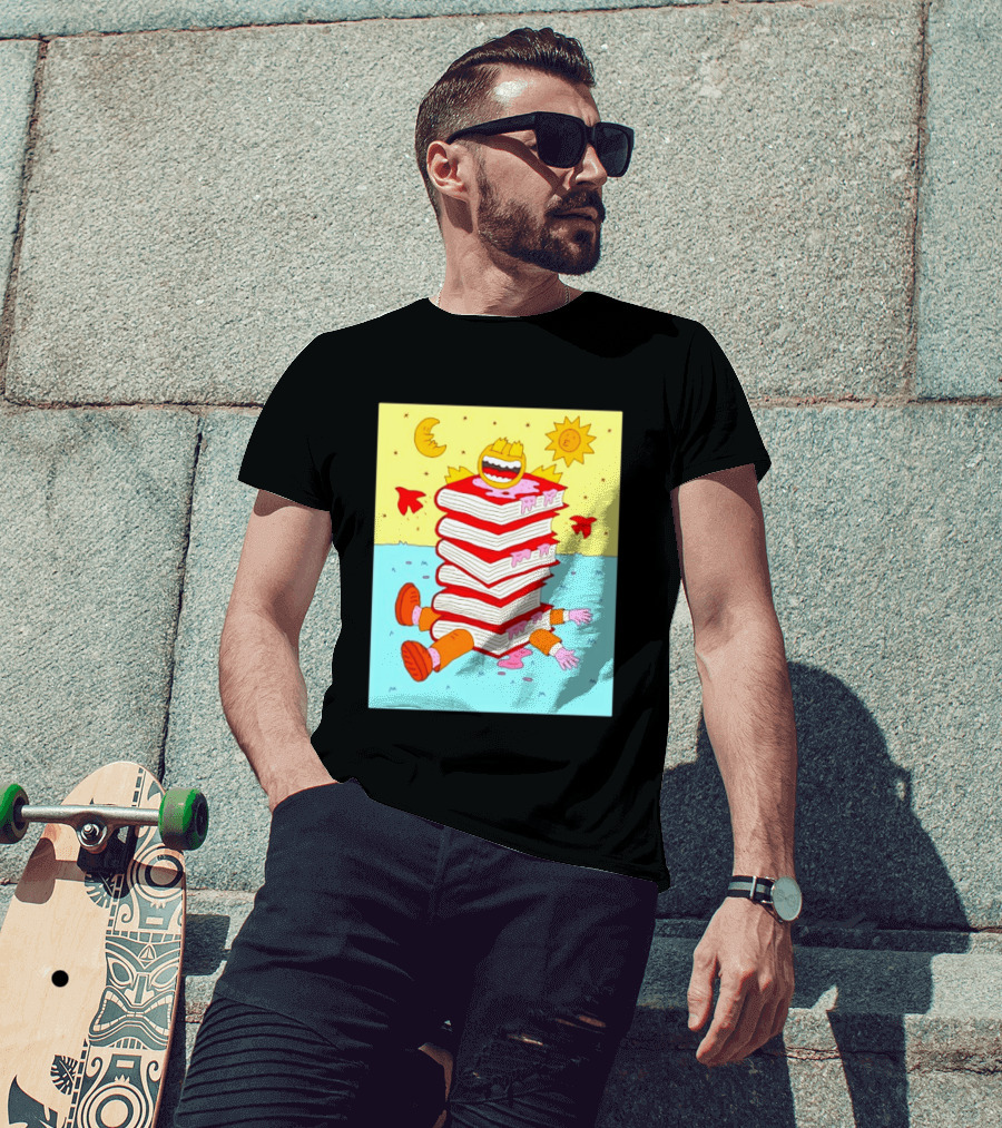 Smiling Face Moon Sun Birds Stack Of Books Reading T-Shirt