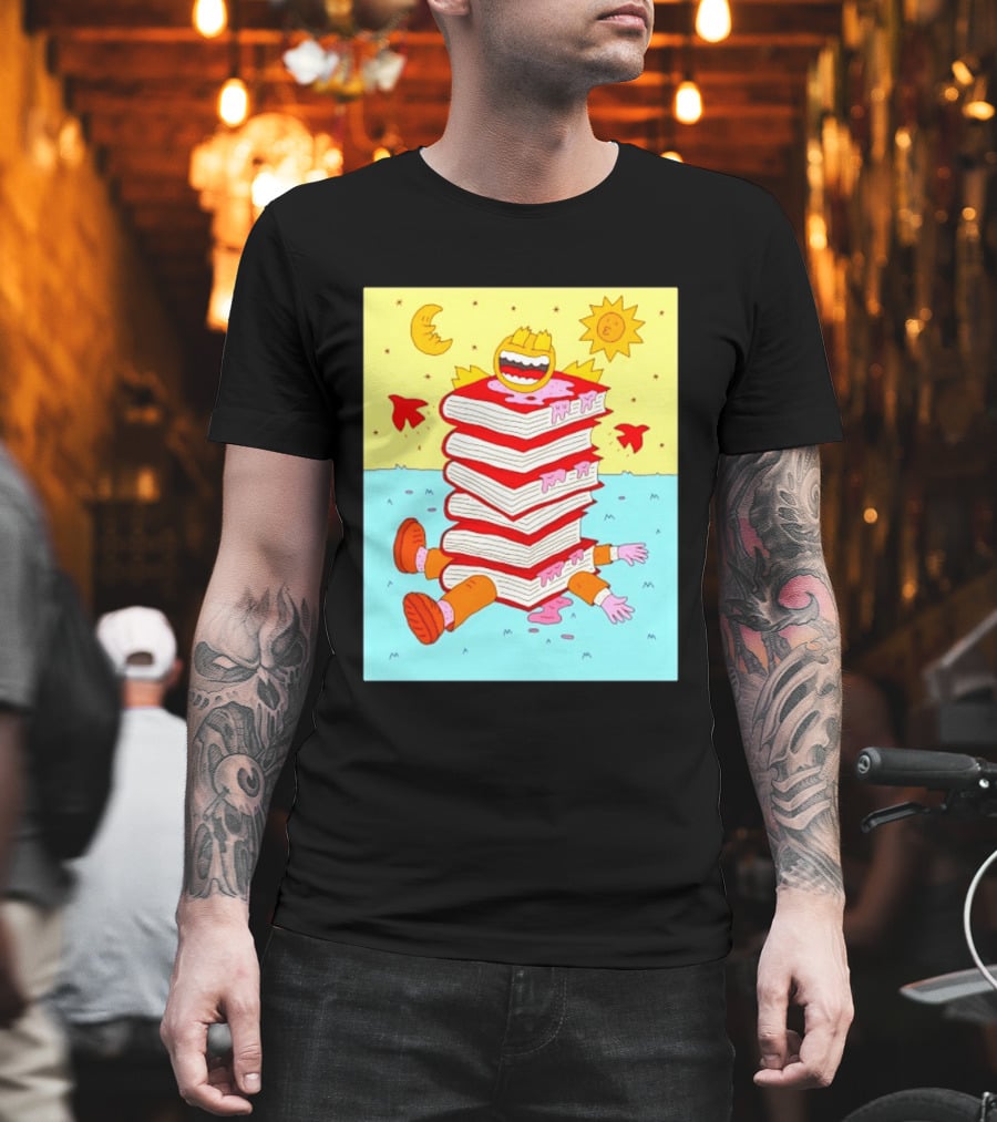 Smiling Face Moon Sun Birds Stack Of Books Reading T-Shirt