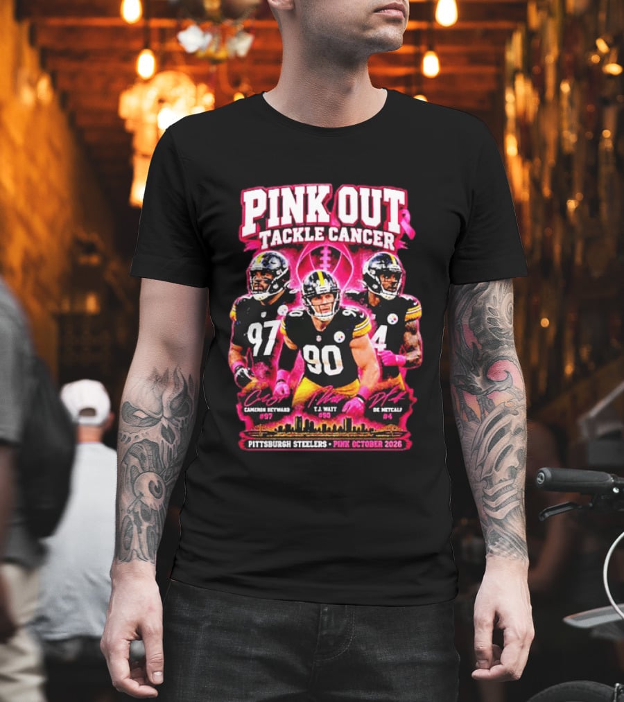 Pittsburgh Steelers Pink Out Tackle Cancer October 2026 Player Signatures Heyward Watt Fitzpatrick T-Shirt