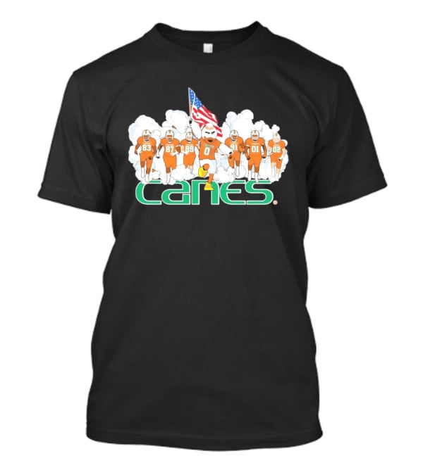 Miami Hurricanes Canes Running Through Smoke With American Flag Players 83 87 89 91 01 02 T-Shirt