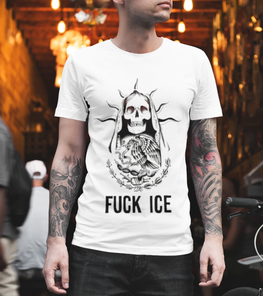 Skull With Spiked Hair And Laurel Wreath On Fuck Ice Protest T-Shirt