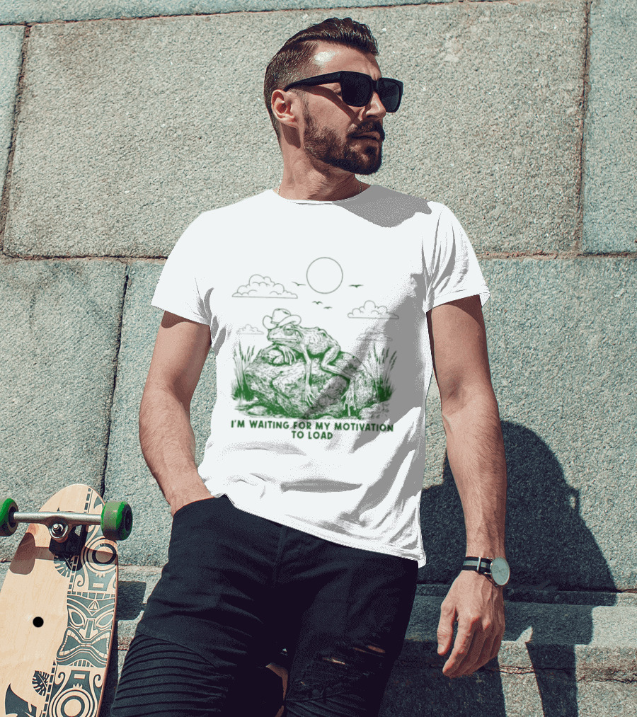 I'm Waiting For My Motivation To Load Cowboy Frog Sun Clouds T-Shirt