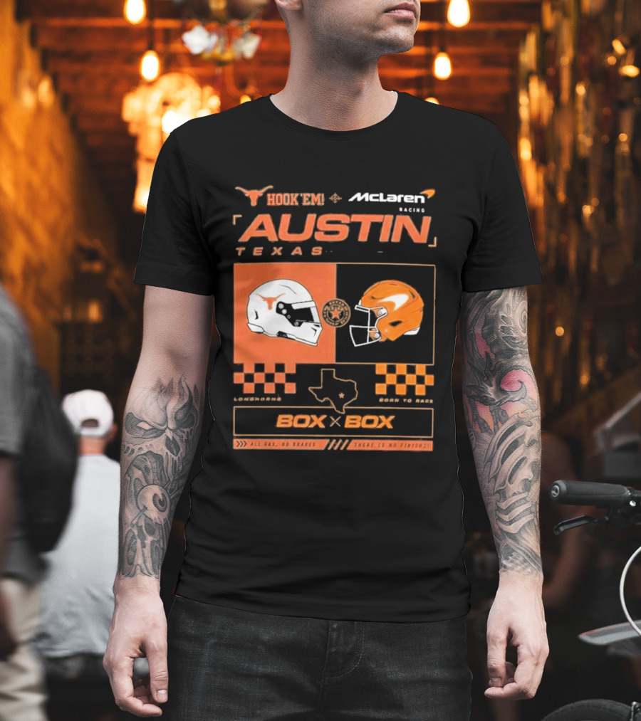 Hook 'Em McLaren Racing Austin Texas Head To Head Box X Box T-Shirt
