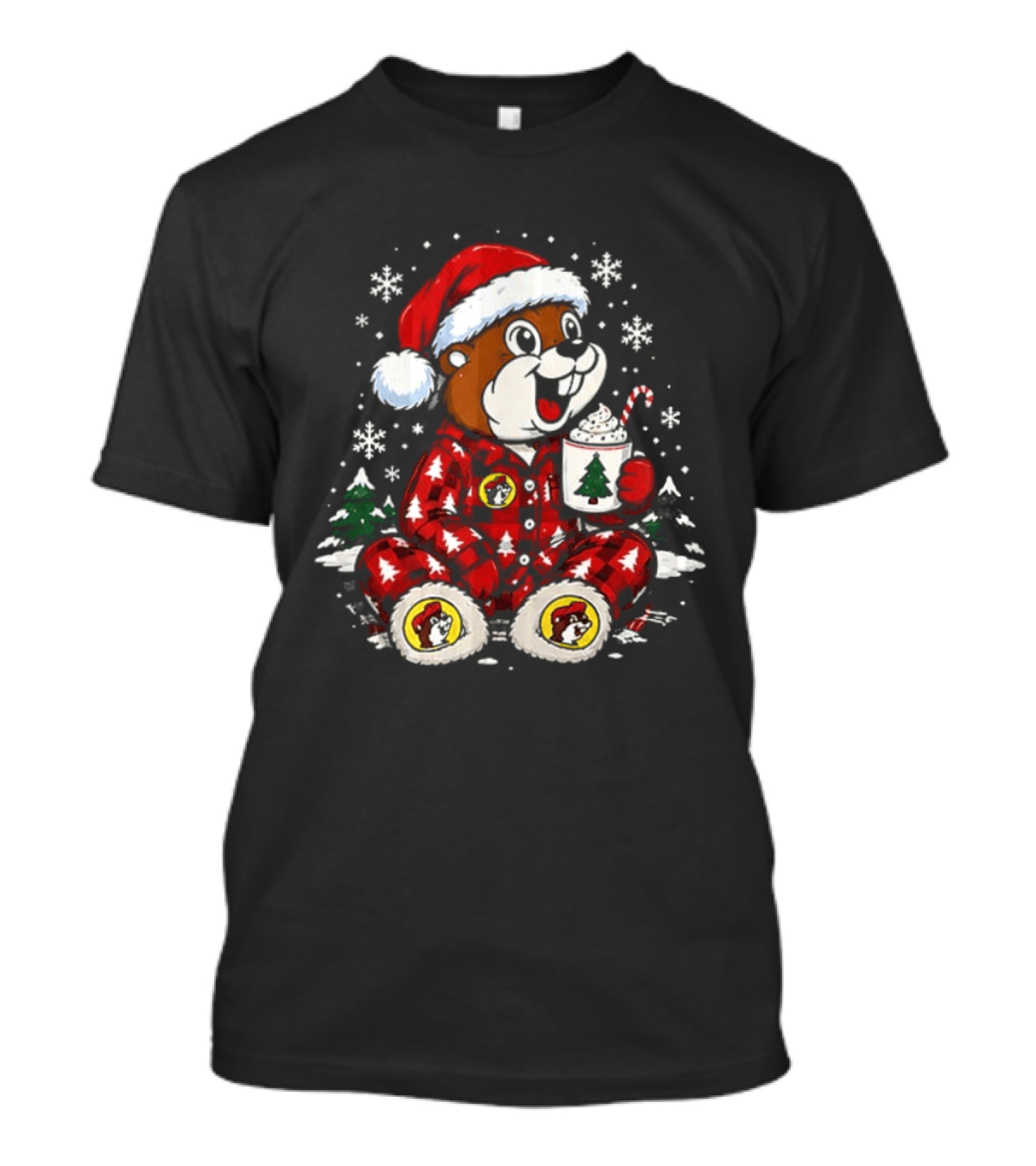Buc Ee's 2026 Christmas Cozy Scene Santa Beaver Pajamas Snowflakes Candy Cane T-Shirt