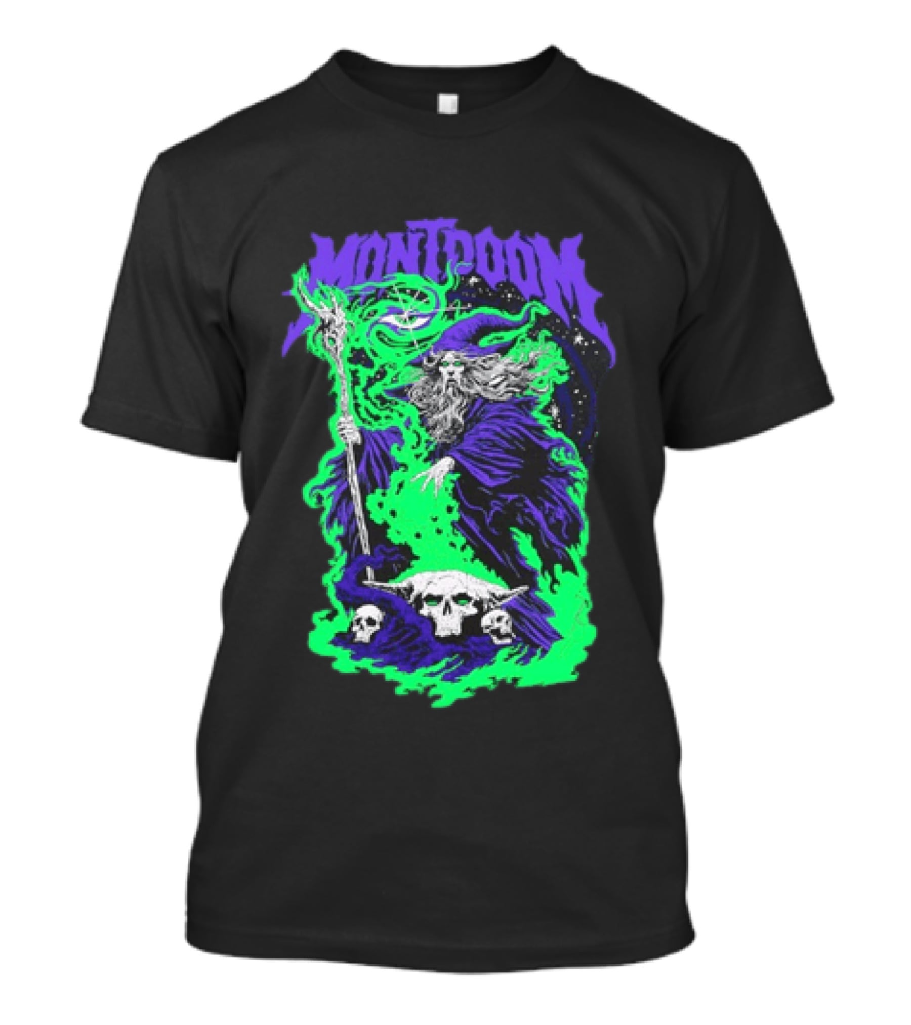 Montdoom Wizard Purple Robe Green Fire Skulls T-Shirt