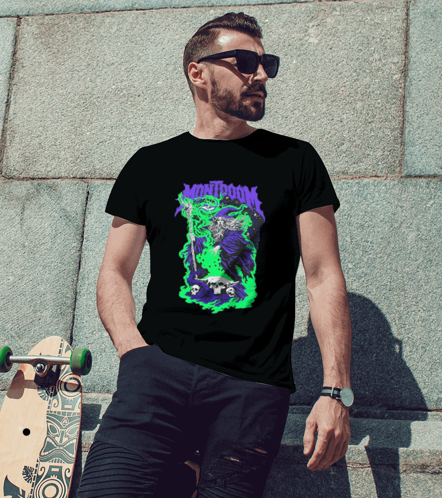 Montdoom Wizard Purple Robe Green Fire Skulls T-Shirt