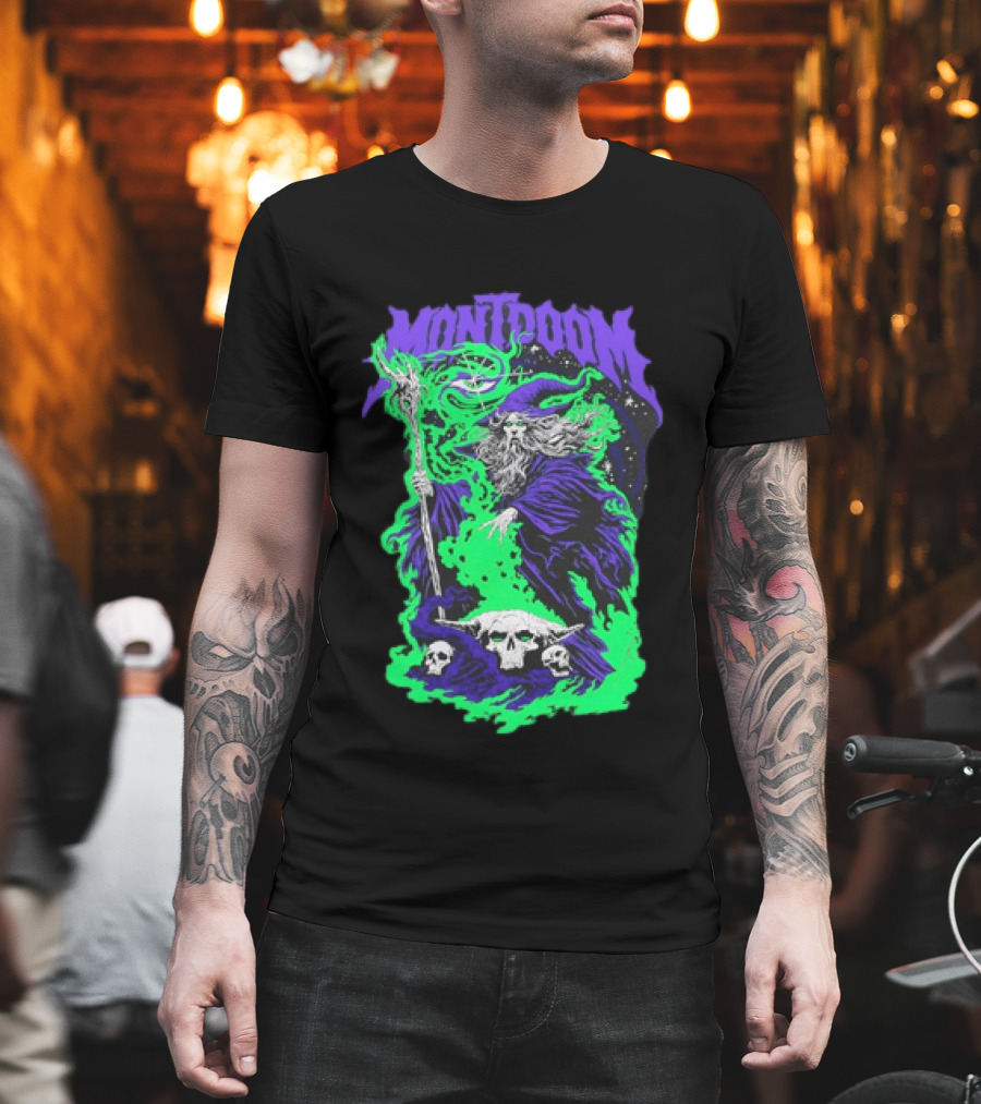 Montdoom Wizard Purple Robe Green Fire Skulls T-Shirt
