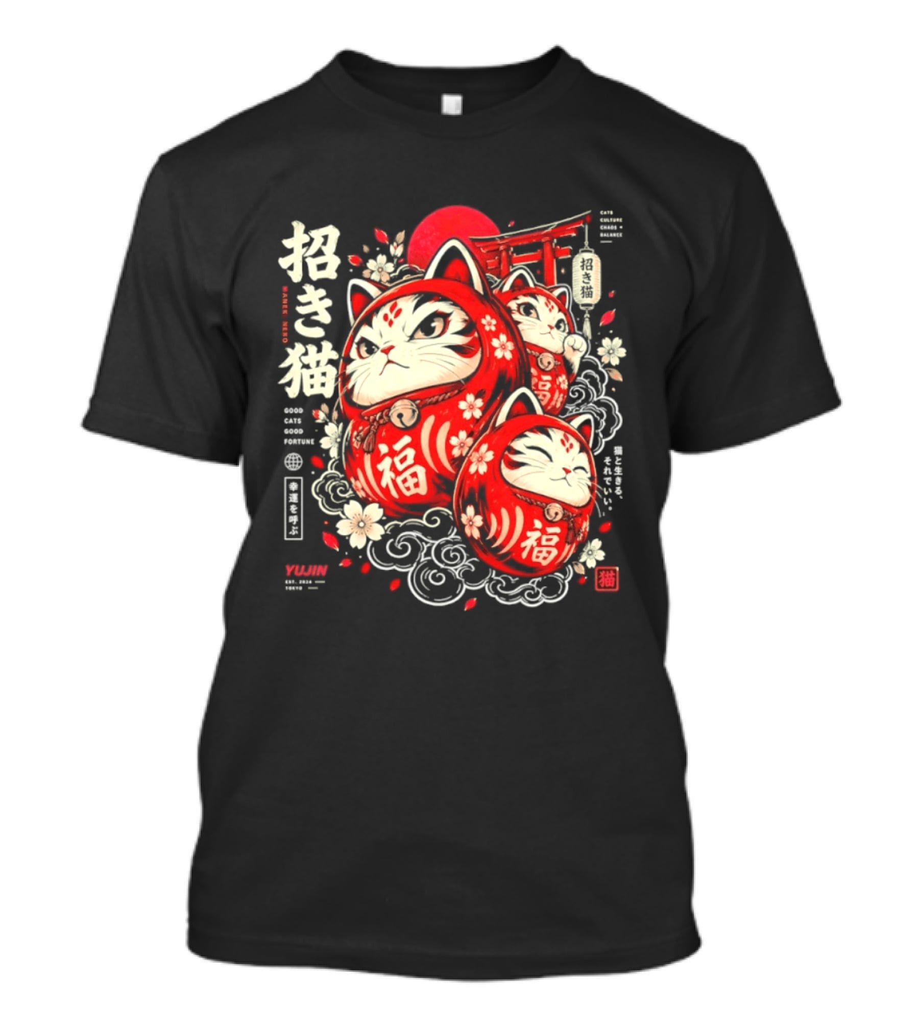 Maneki Neko Daruma Cat Sakura Blossom Charm T-Shirt