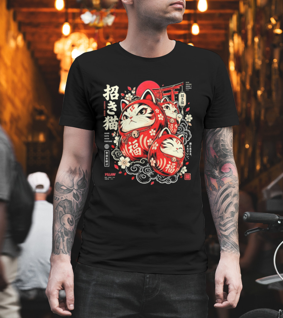 Maneki Neko Daruma Cat Sakura Blossom Charm T-Shirt